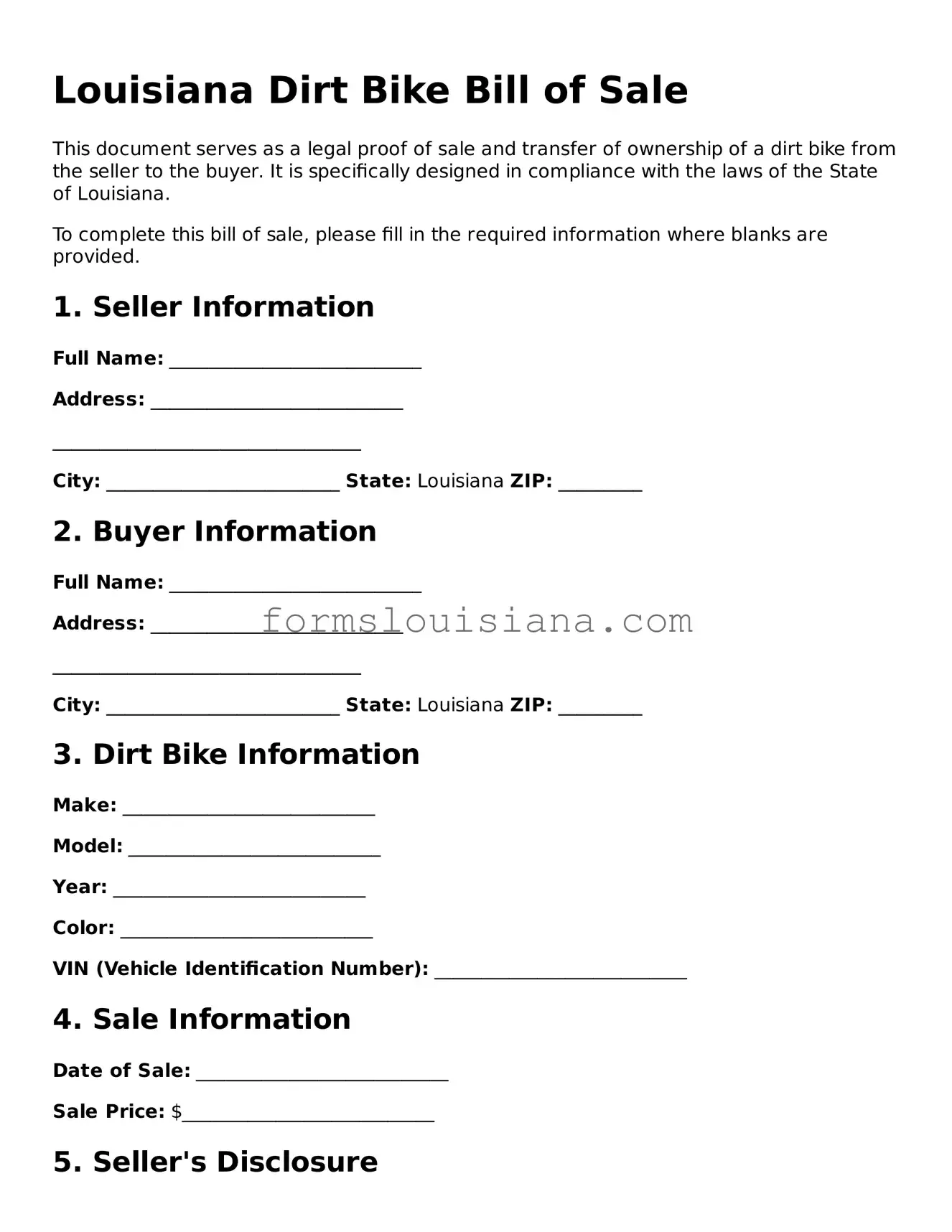 Attorney-Verified Louisiana Dirt Bike Bill of Sale Document