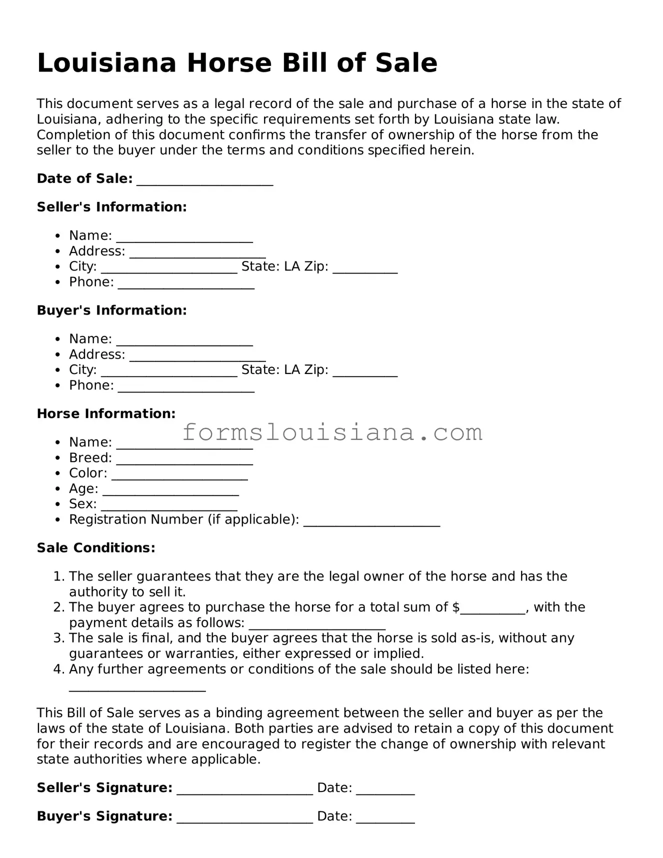 Attorney-Verified Louisiana Horse Bill of Sale Document
