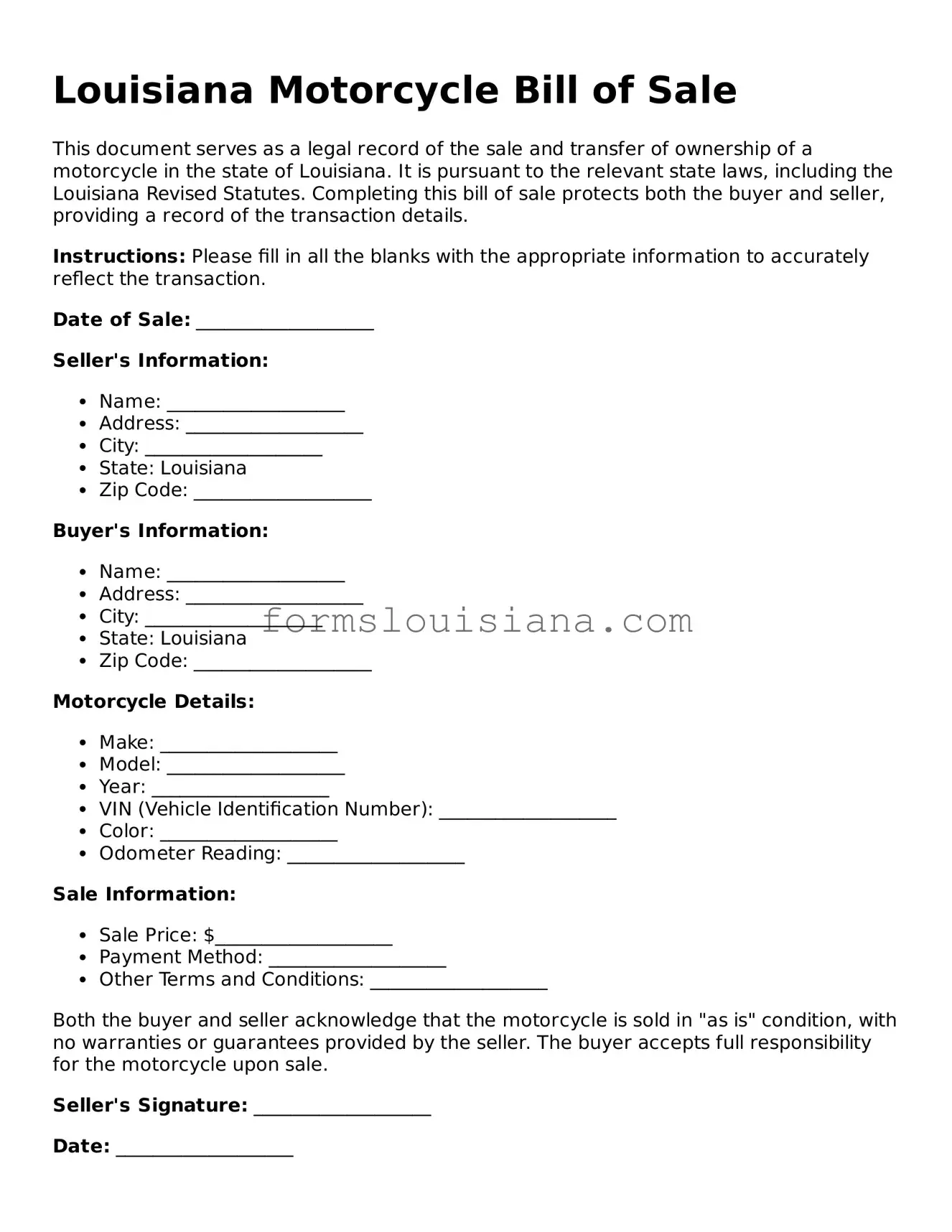Attorney-Verified Louisiana Motorcycle Bill of Sale Document