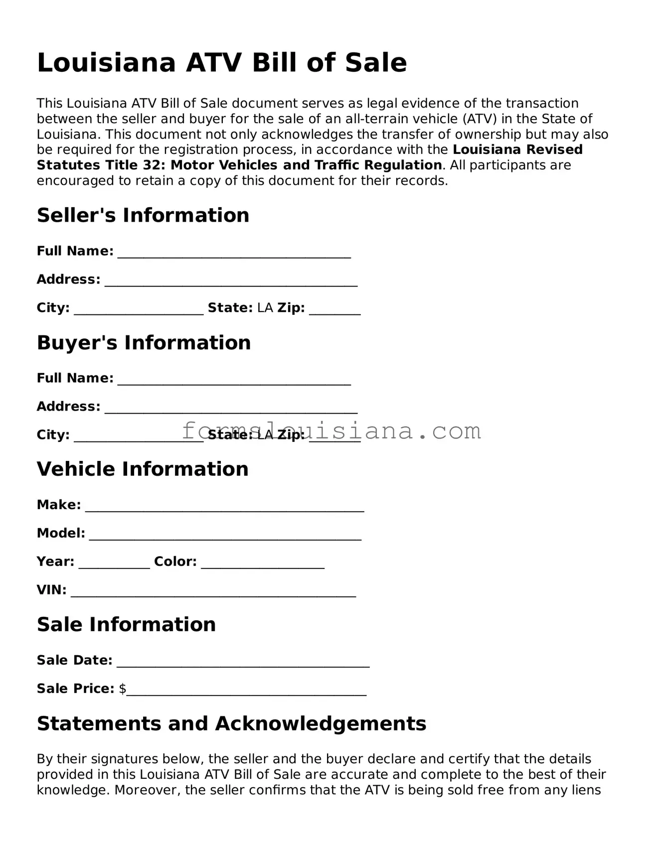 Attorney-Verified Louisiana ATV Bill of Sale Document