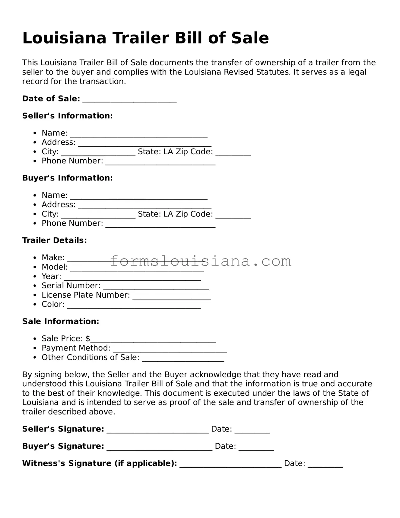 Attorney-Verified Louisiana Trailer Bill of Sale Document