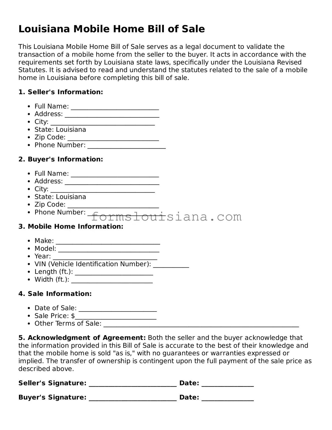 Attorney-Verified Louisiana Mobile Home Bill of Sale Document