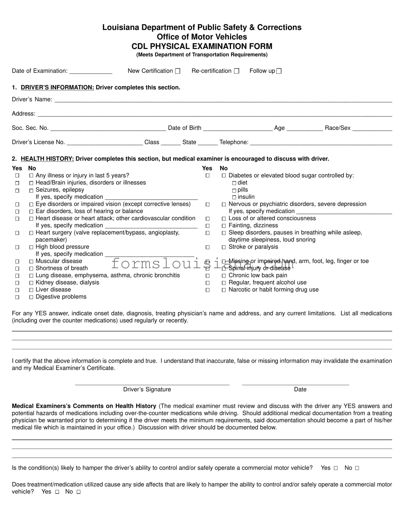 Free Louisiana Cdl Physical Template