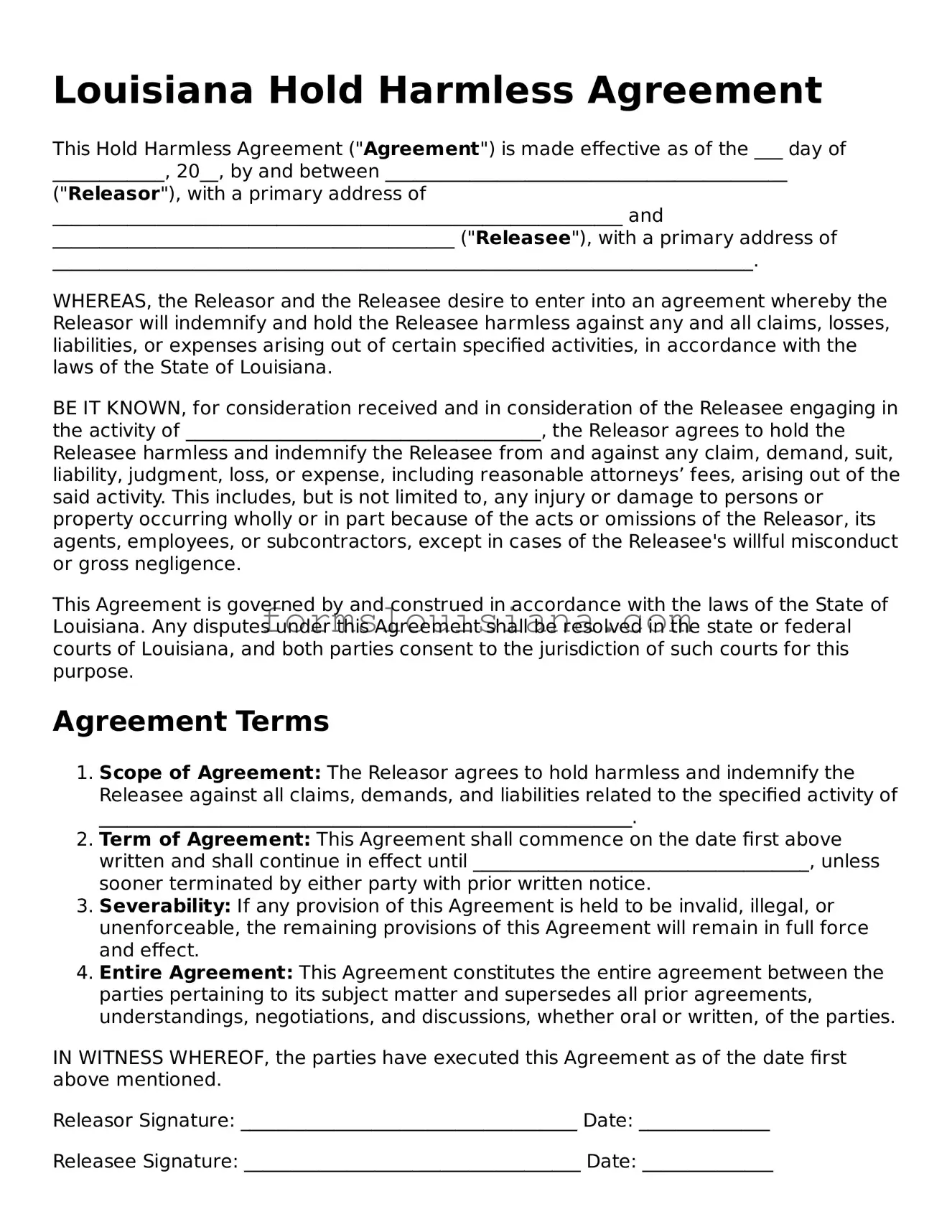 Attorney-Verified Louisiana Hold Harmless Agreement Document