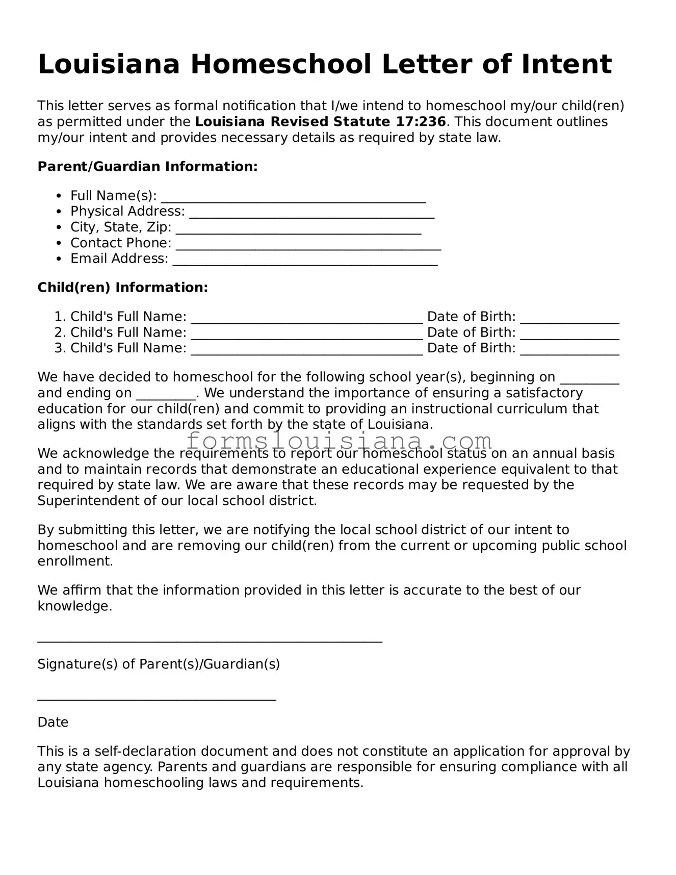 Attorney-Verified Louisiana Homeschool Letter of Intent Document