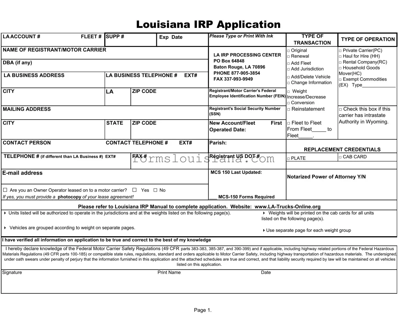 Free Louisiana Irp Application Template
