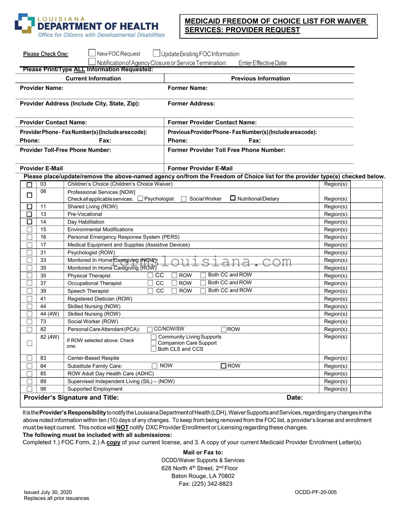 Free Louisiana Medicaid Freedom of Choice List Template