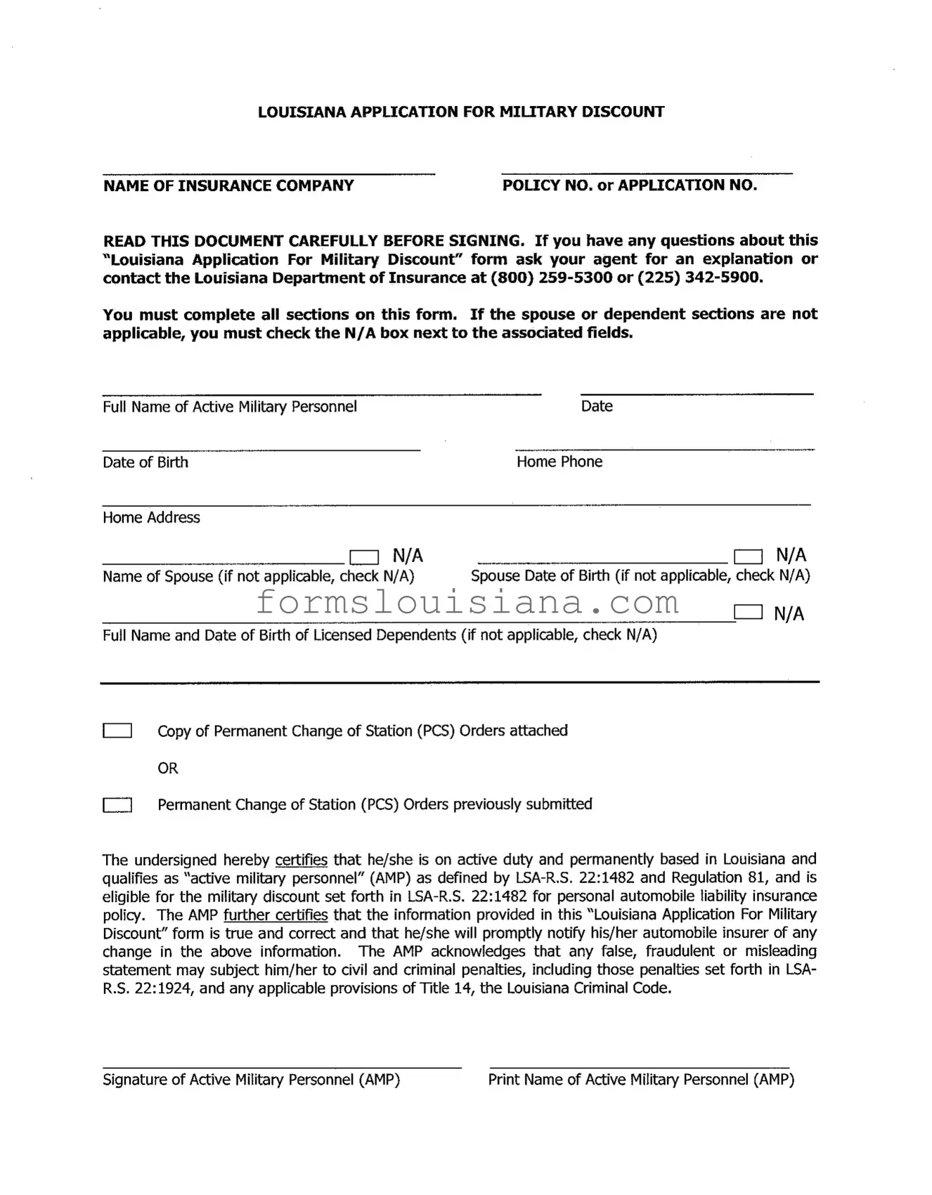 Free Louisiana Military Discount Template