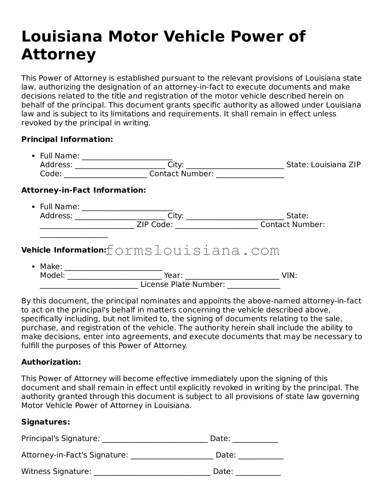 Attorney-Verified Louisiana Motor Vehicle Power of Attorney Document