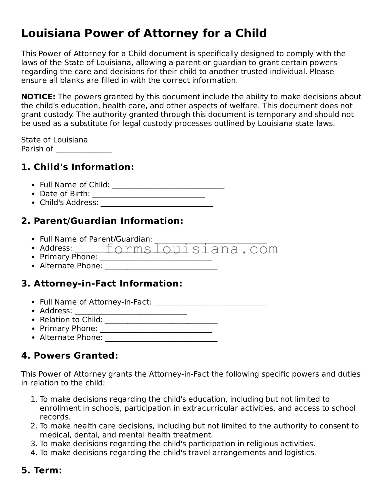 Attorney-Verified Louisiana Power of Attorney for a Child Document