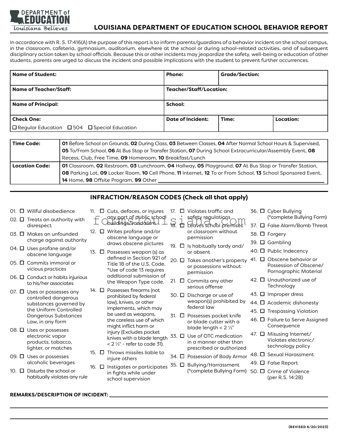 Free Louisiana School Behavior Report Template