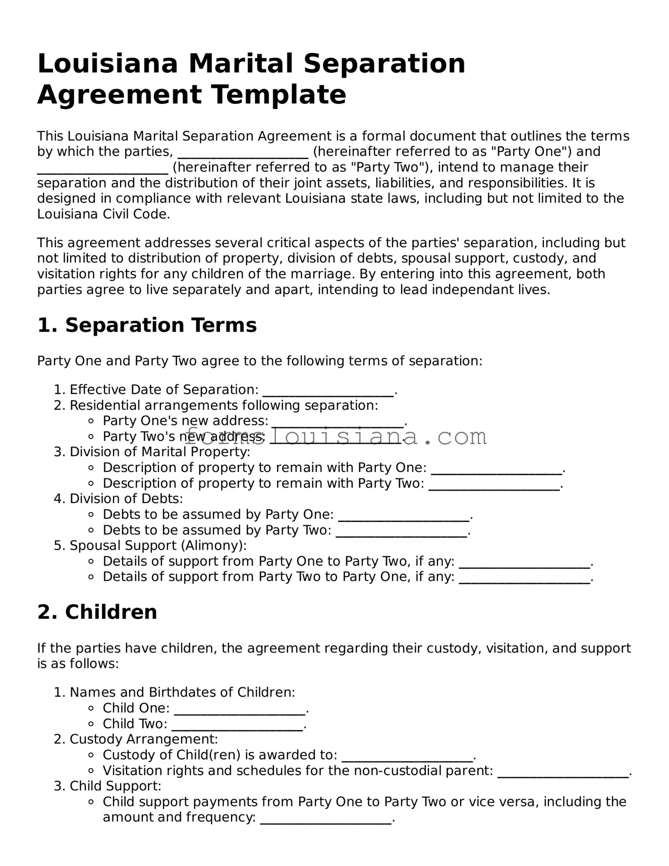 Attorney-Verified Louisiana Marital Separation Agreement Document
