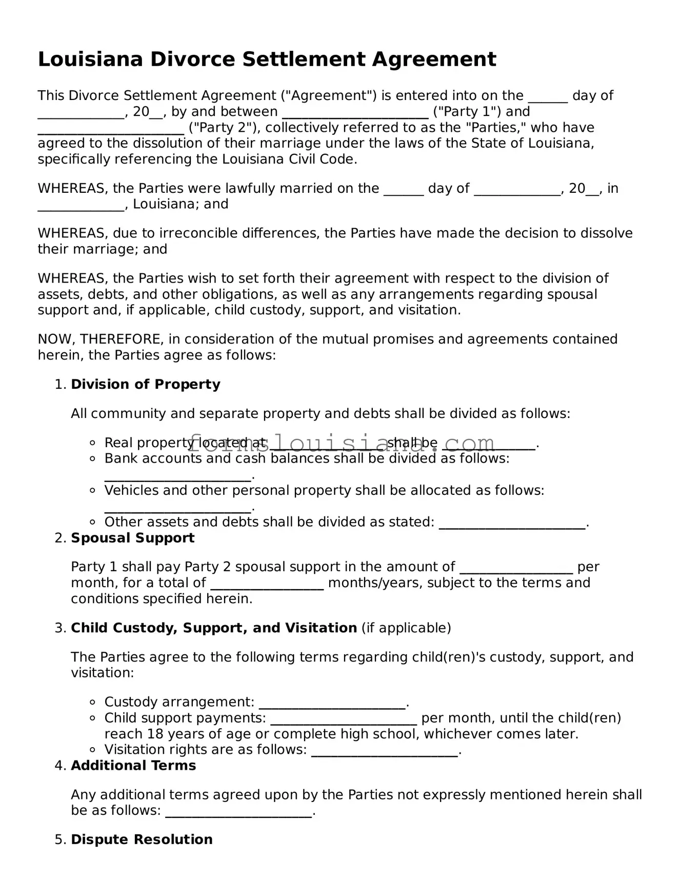 Attorney-Verified Louisiana Divorce Settlement Agreement Document