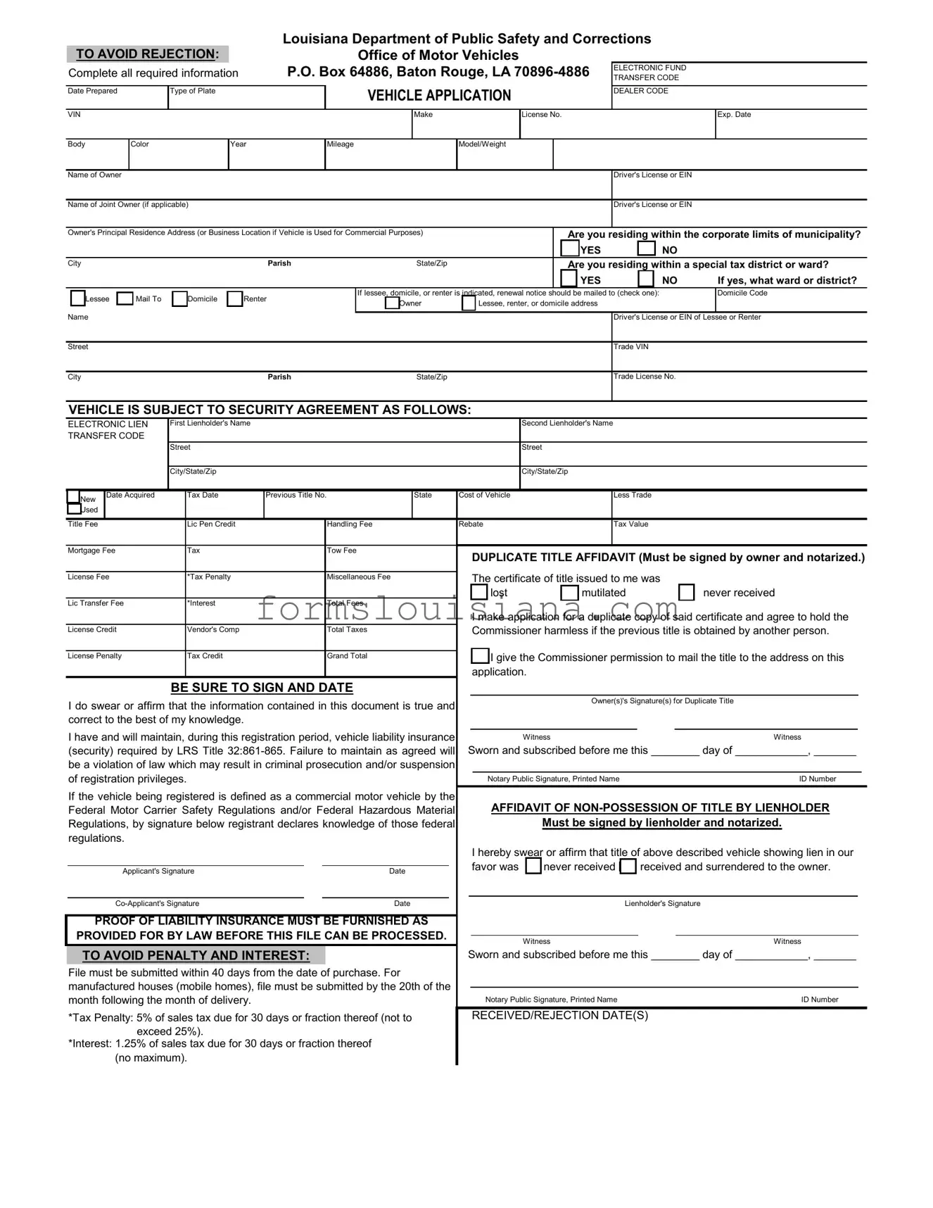 Free Louisiana Vehicle Application Template