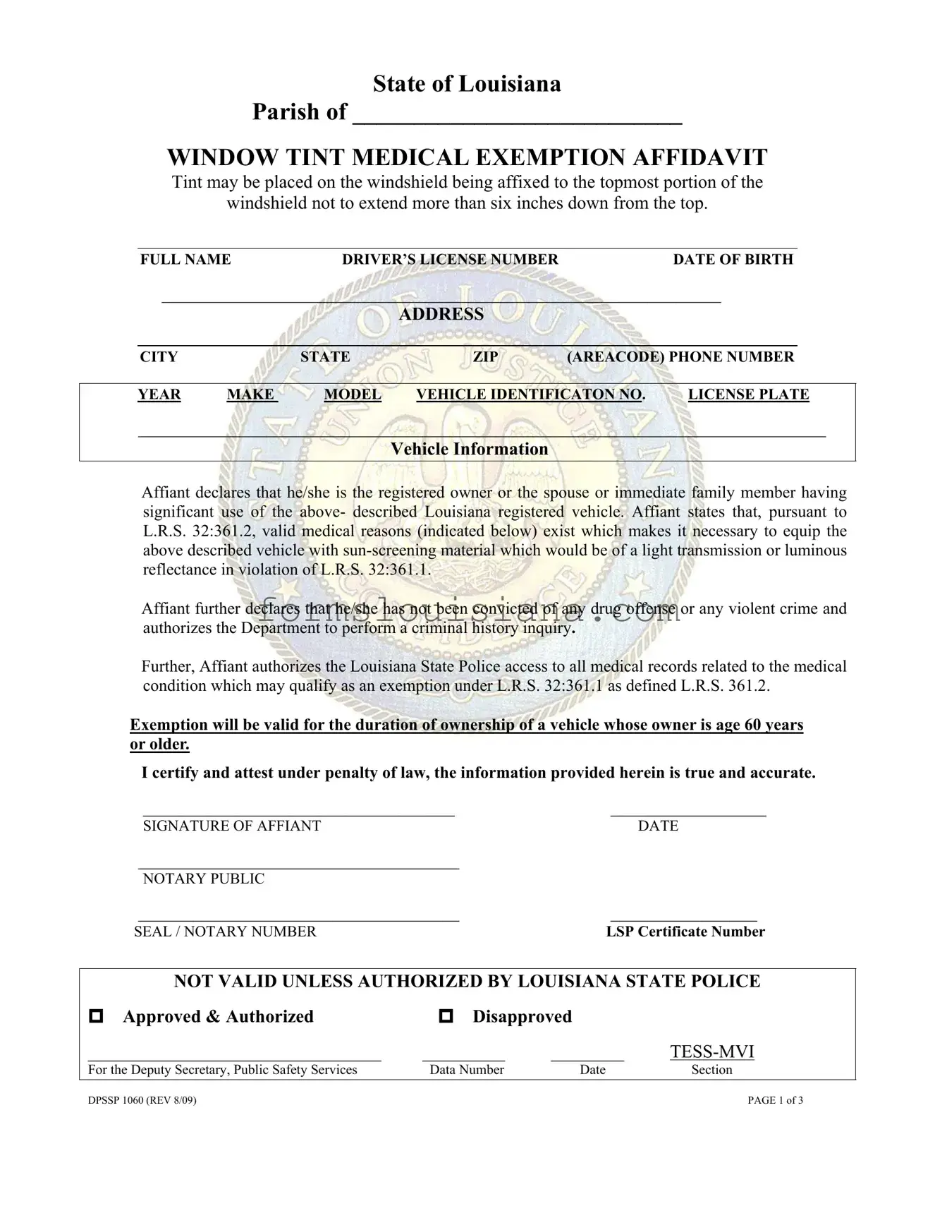 Free Louisiana Window Tint Exemption Sticker Template