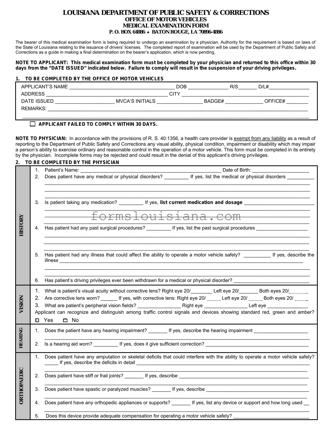 Free Medical Examination Louisiana Template