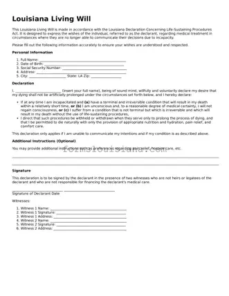 Attorney-Verified Louisiana Living Will Document