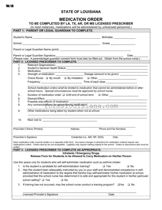 Free State Of Louisiana Medication Order Template